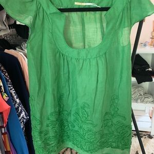 Green flutter short sleeve embroidered top